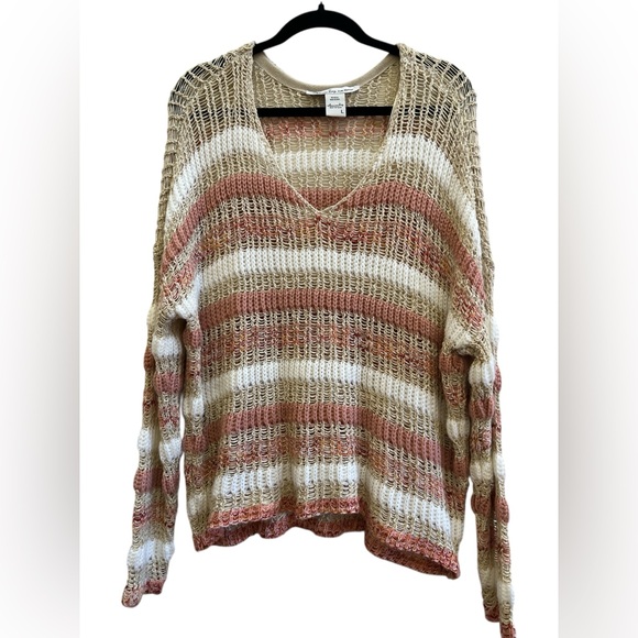 American Rag Open Knit Boho Stripe Sweater L Coastal Slouchy Beach Pullover - Picture 2 of 6